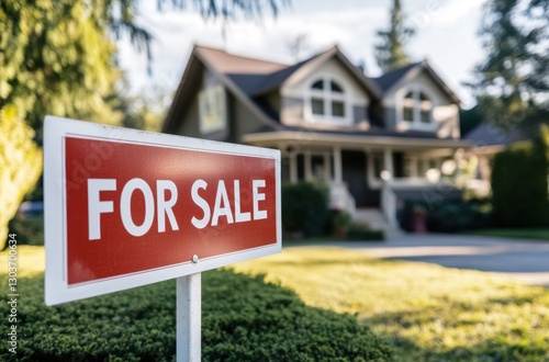 Red for sale sign announces house is available for purchase photo