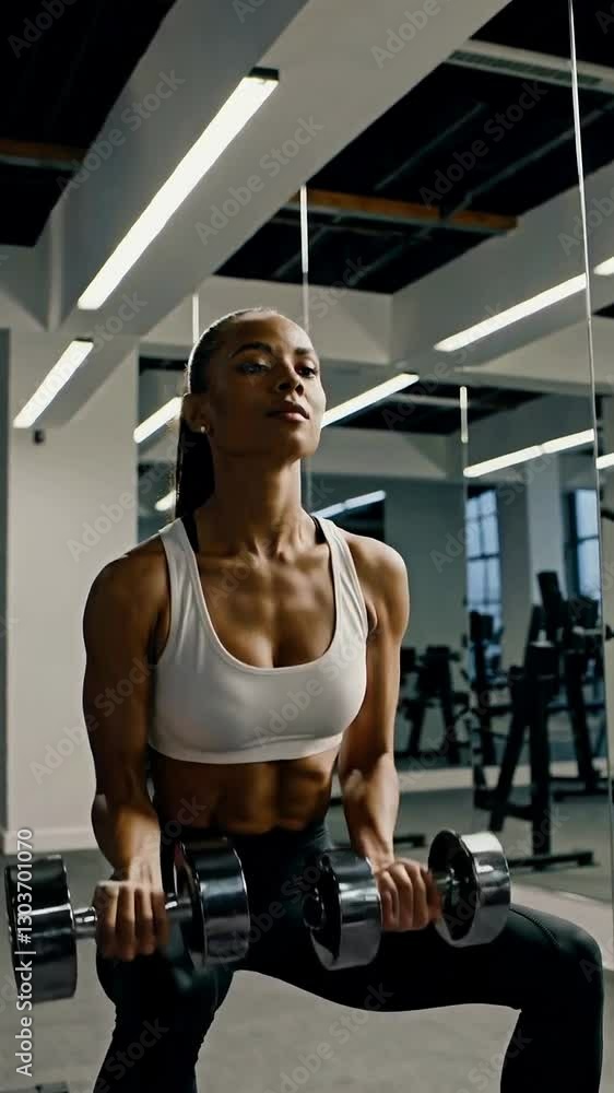Strong female athlete performing intense dumbbell workout in modern gym setting Strong female athlete performing intense dumbbell workout in modern gym setting