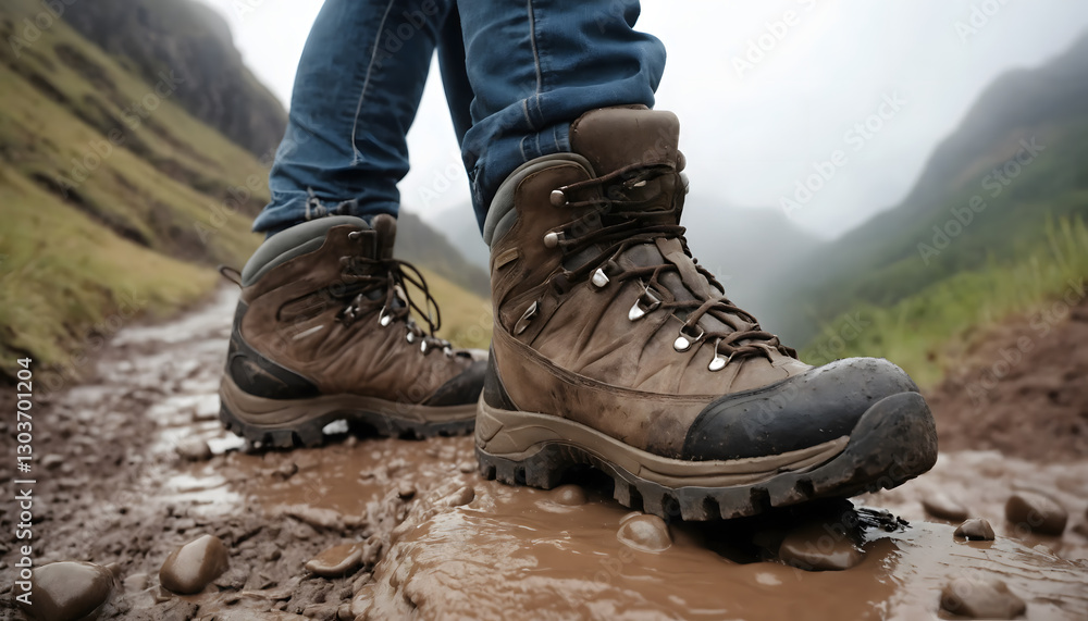 A Hiker Girl’s Muddy Boots Stepping on a Rocky Trail A Hiker Girl’s Muddy Boots Stepping on a Rocky Trail