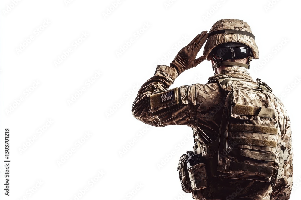A soldier saluting with respect against a minimalistic background in a moment of reflection isolated on transparent background A soldier saluting with respect against a minimalistic background in a moment of reflection isolated on transparent background