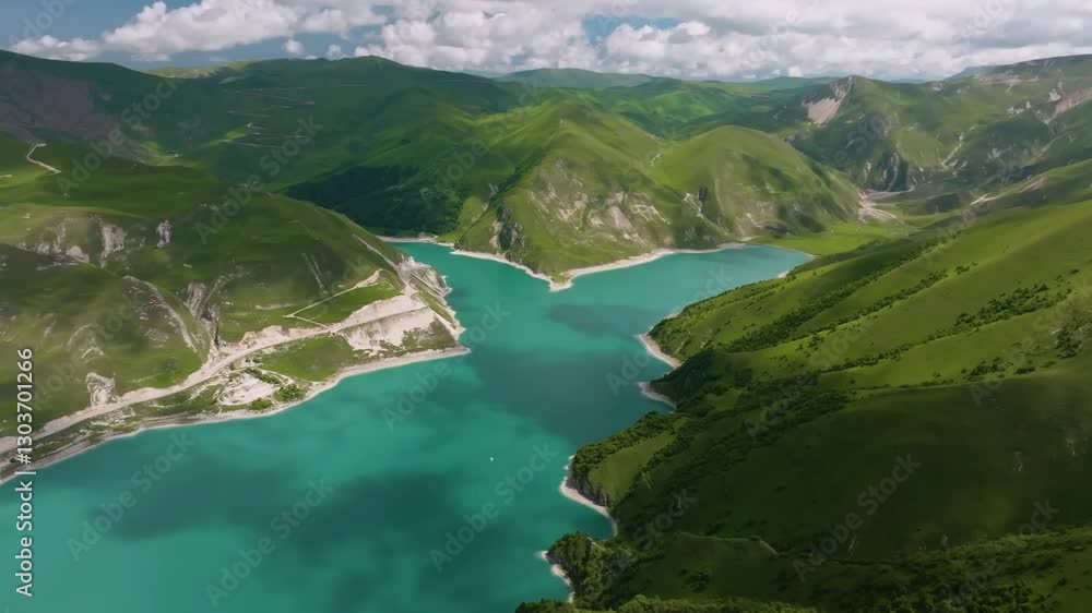 Scenic drone view of Kazenoyam Lake, Chechnya, capturing the vibrant green mountains, moss-covered terrain, and shimmering lake waters with drifting cloud shadows. Scenic drone view of Kazenoyam Lake, Chechnya, capturing the vibrant green mountains, moss-covered terrain, and shimmering lake waters with drifting cloud shadows.