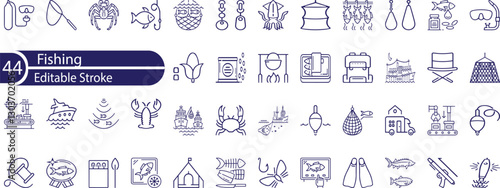 Simple Set of Fishing Related Vector Line Icons. Contains such Icons as Fisherman's equipment, Do not eat sign, Echo Sounder and more