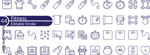 Fitness Line Editable Icons set. Vector illustration in modern thin line style of sport related icons: types of physical activity, proper nutrition, and sports equipment.