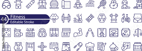 Fitness Line Editable Icons set. Vector illustration in modern thin line style of sport related icons: types of physical activity, proper nutrition, and sports equipment.