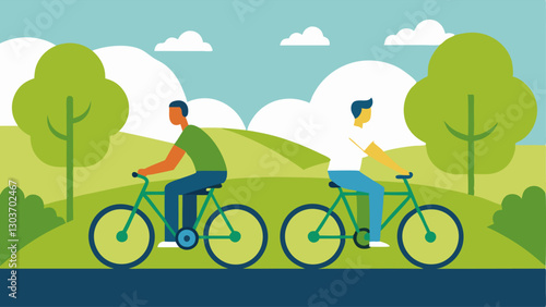 Tandem Cycling Two cyclists on a tandem bike one pedaling while the other sits in front with an adaptive setup. They ride along a scenic path with trees.