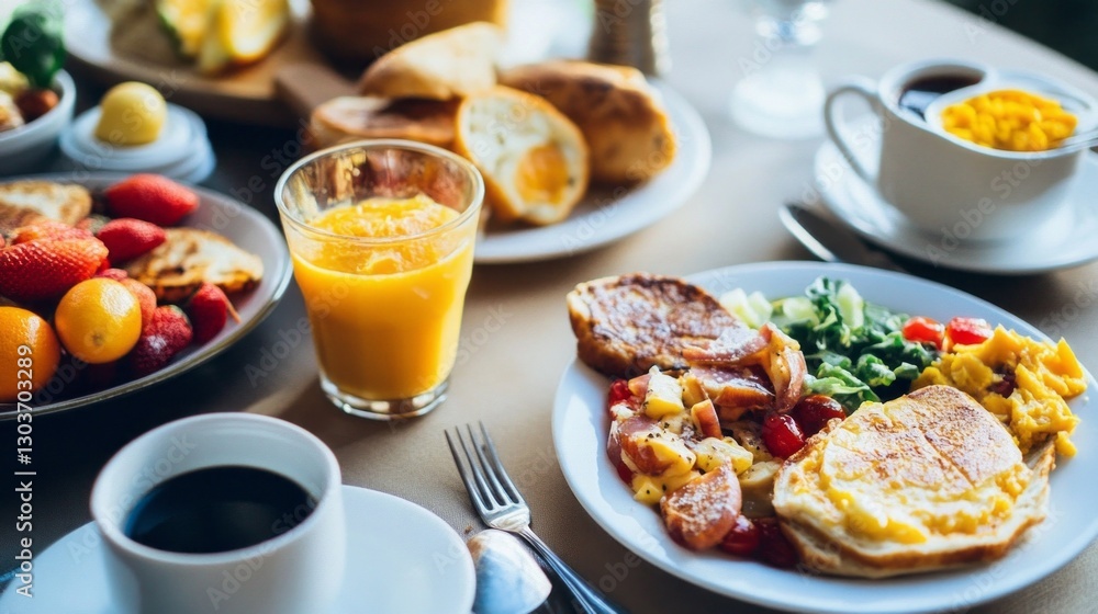 A delightful breakfast spread features fluffy pancakes, fresh fruits, scrambled eggs, and steaming coffee, all beautifully arranged on a table filled with warmth and flavor A delightful breakfast spread features fluffy pancakes, fresh fruits, scrambled eggs, and steaming coffee, all beautifully arranged on a table filled with warmth and flavor