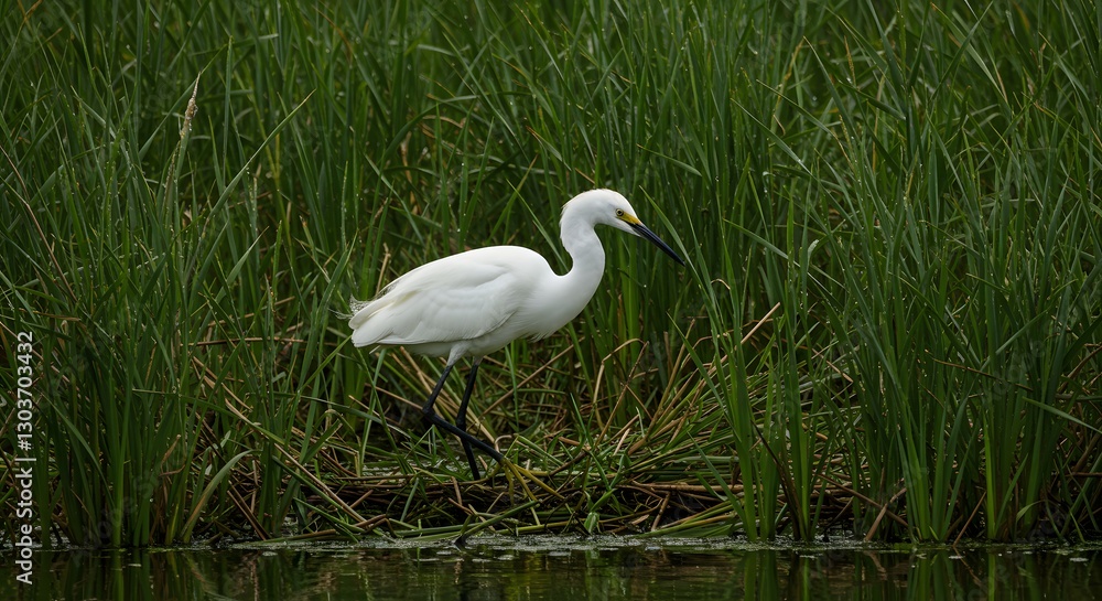 Fototapeta premium Graceful Wetland Wader Egrets Foraging Among Reeds in Marsh and Lake Environments