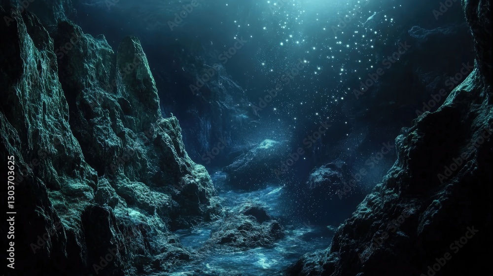 Deep Sea Scene With Bioluminescent Creatures In Dark