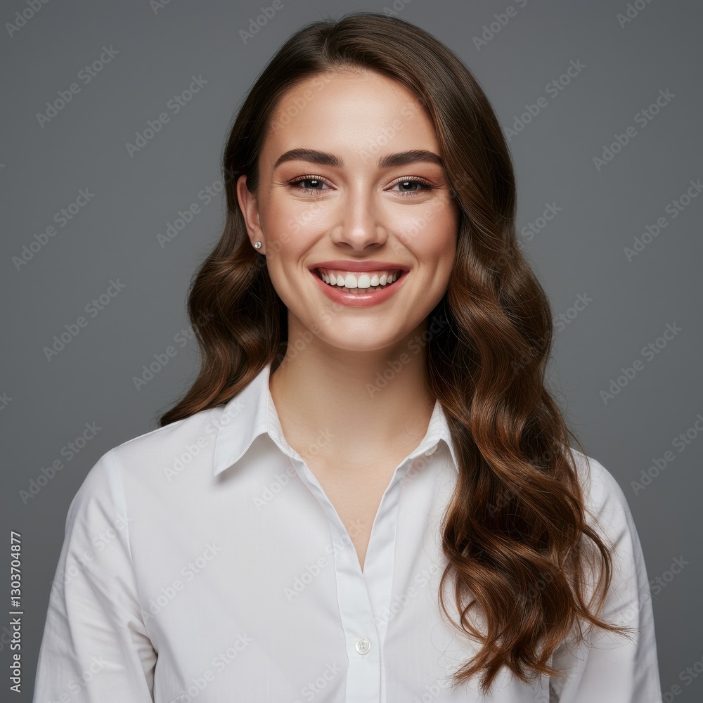 Professional headshot of young woman with wavy brown hair and bright smile isolated on white background Professional headshot of young woman with wavy brown hair and bright smile isolated on white background