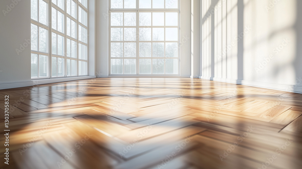 Fototapeta premium Spacious modern room with a blank wall and wooden herringbone floor illuminated by natural light