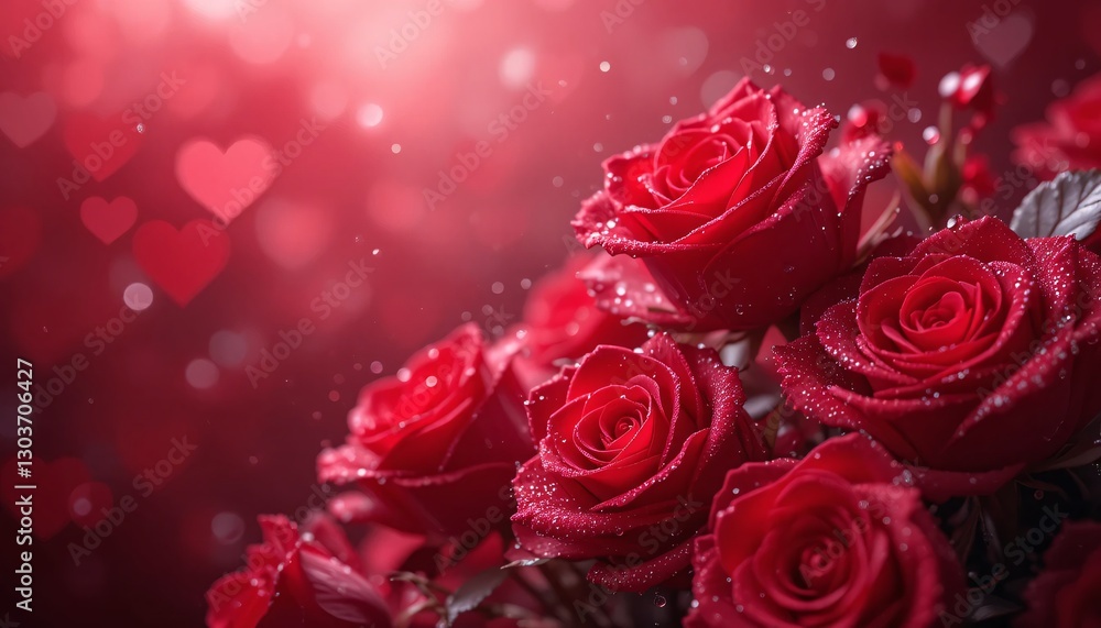 Red Roses. Fresh Petals Adorned With Sparkling Water Droplets, Soft Hearts Float In The Background, Creating A Captivating Ambiance For Romantic Expression And Pure Joy. Red Roses. Fresh Petals Adorned With Sparkling Water Droplets, Soft Hearts Float In The Background, Creating A Captivating Ambiance For Romantic Expression And Pure Joy.