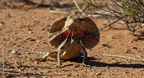 Frilled Lizard Displaying Frills in Arid Scrubland with Natural Desert Background