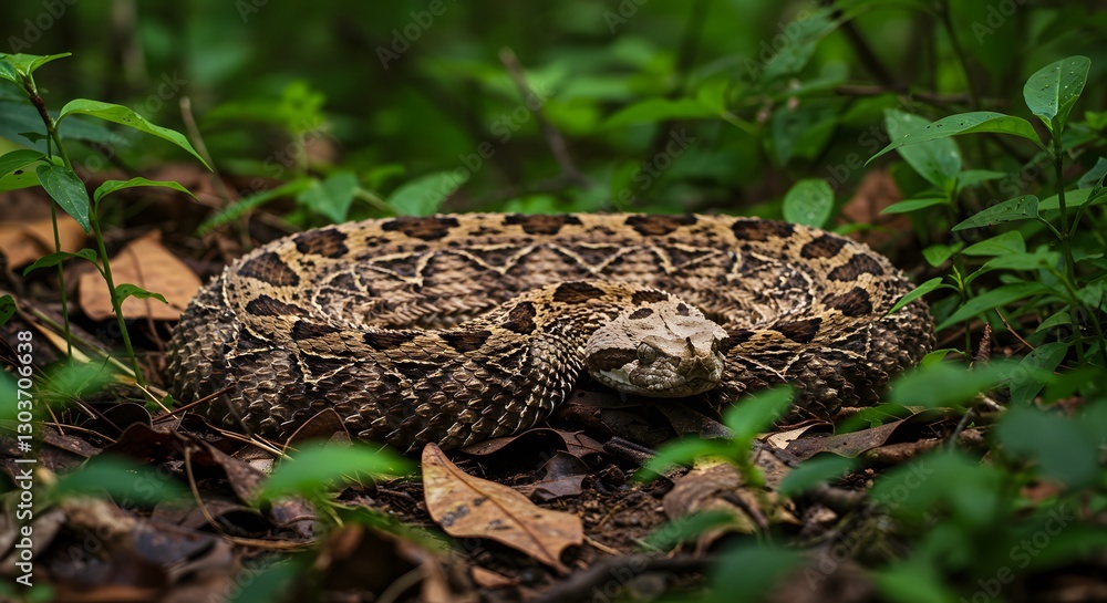 Fototapeta premium Gaboon Viper Lurking Among Leaf Litter in Tropical Forest with Natural Background