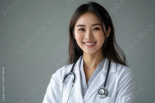 A confident young female doctor wearing a white coat and stethoscope
