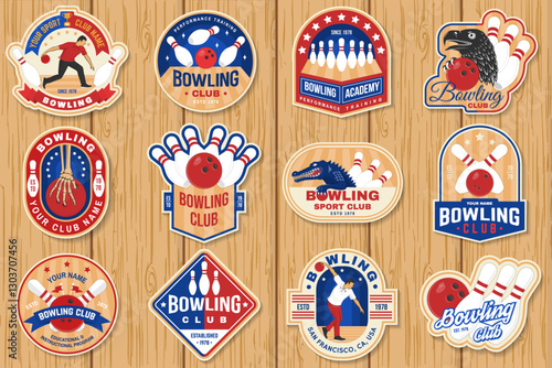 Bowling sports club stickers, logos, badges design. Vintage design with bowling pins, crocodile and ball silhouette. Vector.