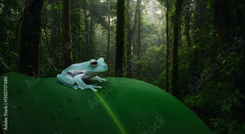 Glass Frog Perched on Leaf in Tropical Rainforest with Natural Background