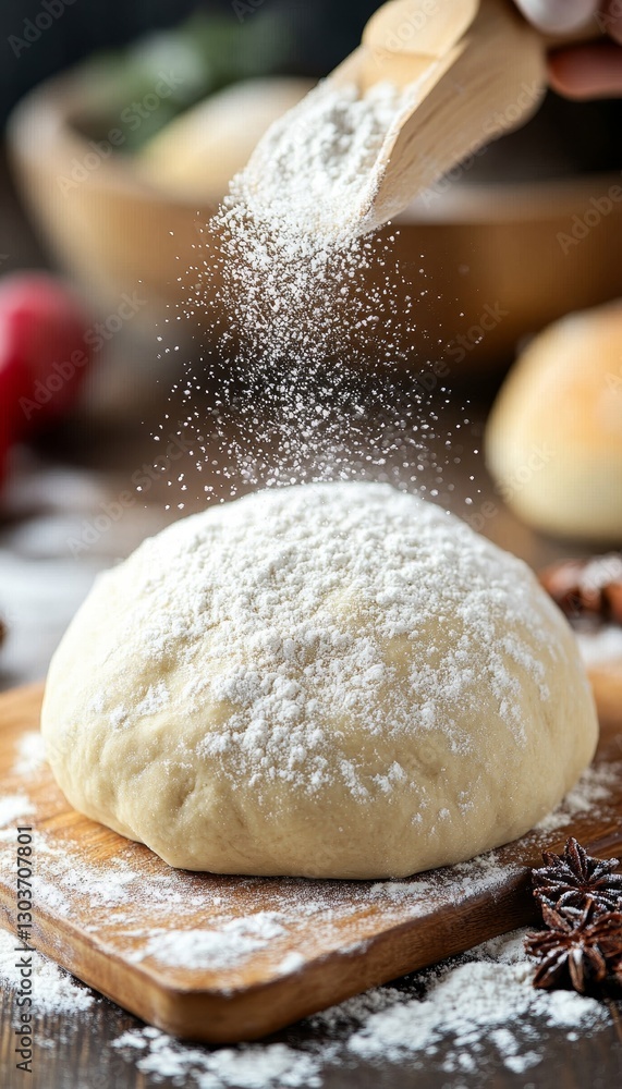 Freshly Kneaded Dough Dusted with Flour, on Wooden Board, Ready for Baking Preparation Freshly Kneaded Dough Dusted with Flour, on Wooden Board, Ready for Baking Preparation