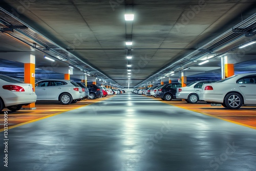 Parking lot with row of cars in the underground car park.