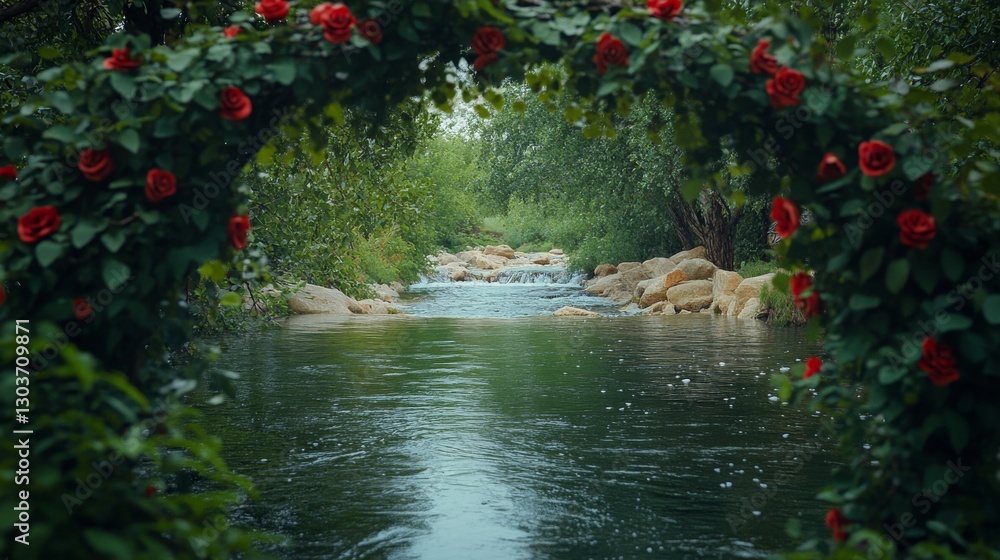 Naklejka premium A natural waterway framed by red roses and lush green foliage