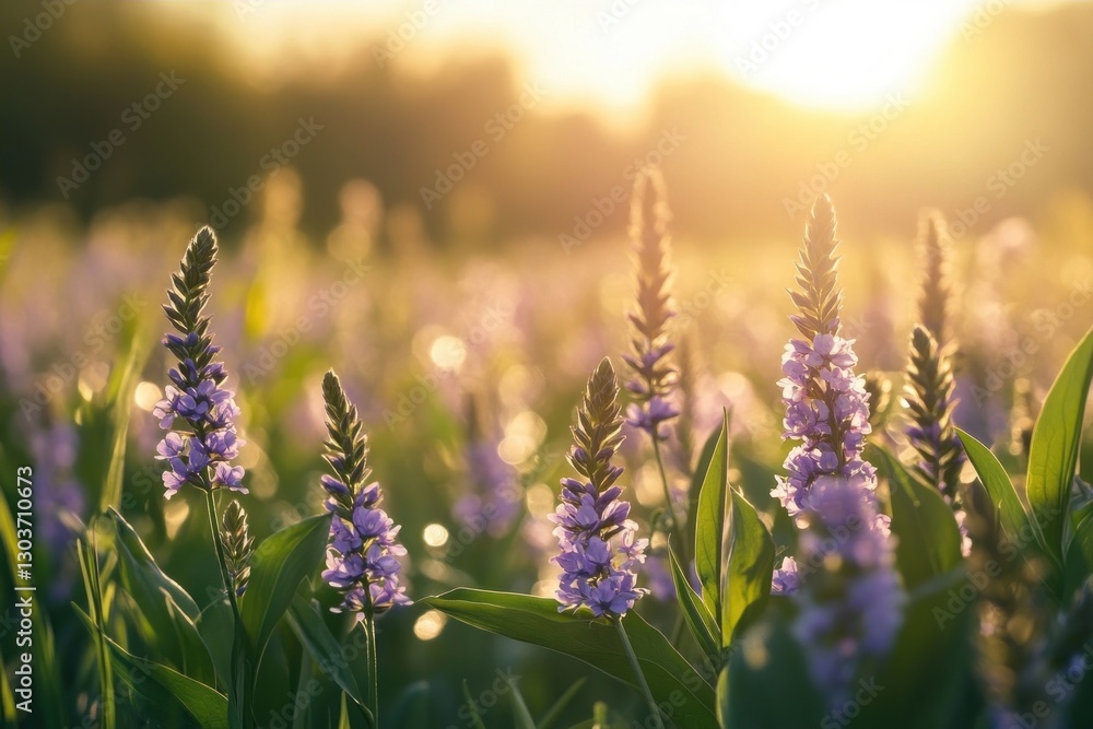 Obraz premium field of pickerelweed blossoming under morning sunlight