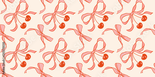 Pink vintage coquettish ribbon bows seamless pattern with cherries. Ideal for fabric prints, wrapping paper, stationery, wallpapers, digital backgrounds, fashion accessories, and branding projects.