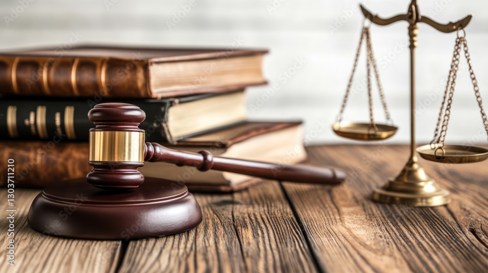 Law books, gavel, and scales of justice on a wooden table. Ideal for legal themes, court proceedings, or justice concepts Law books, gavel, and scales of justice on a wooden table. Ideal for legal themes, court proceedings, or justice concepts