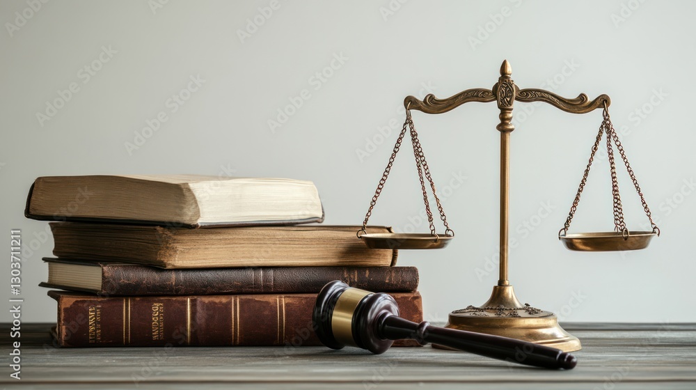 Justice Scales and Law Books on Wooden Desk Justice Scales and Law Books on Wooden Desk