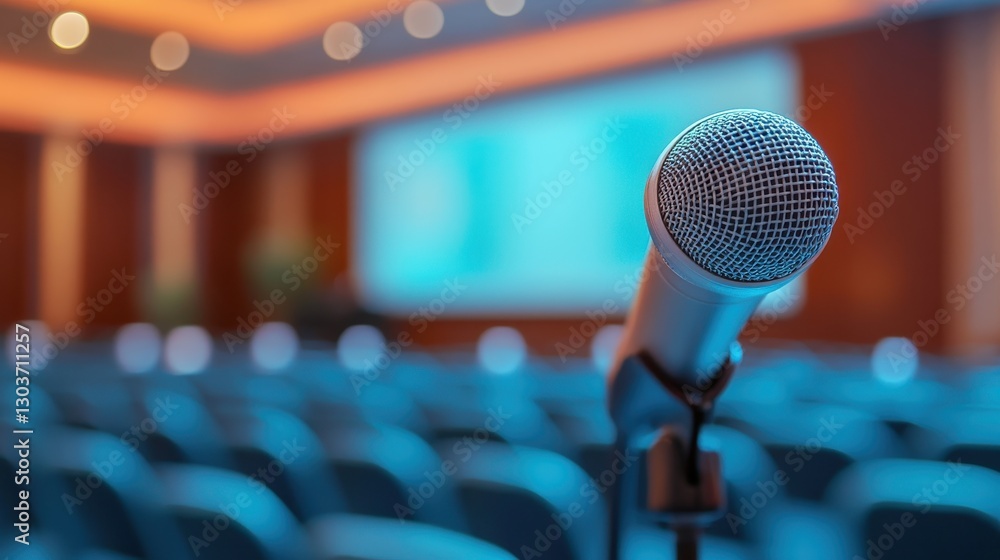 Close-up of a microphone in a conference hall. Perfect for presentations, speeches, or events. Close-up of a microphone in a conference hall. Perfect for presentations, speeches, or events.