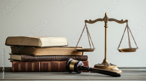 Justice Scales and Law Books on Wooden Desk photo