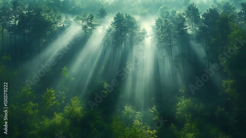 Sunbeams pierce misty forest, aerial view, nature background, serene