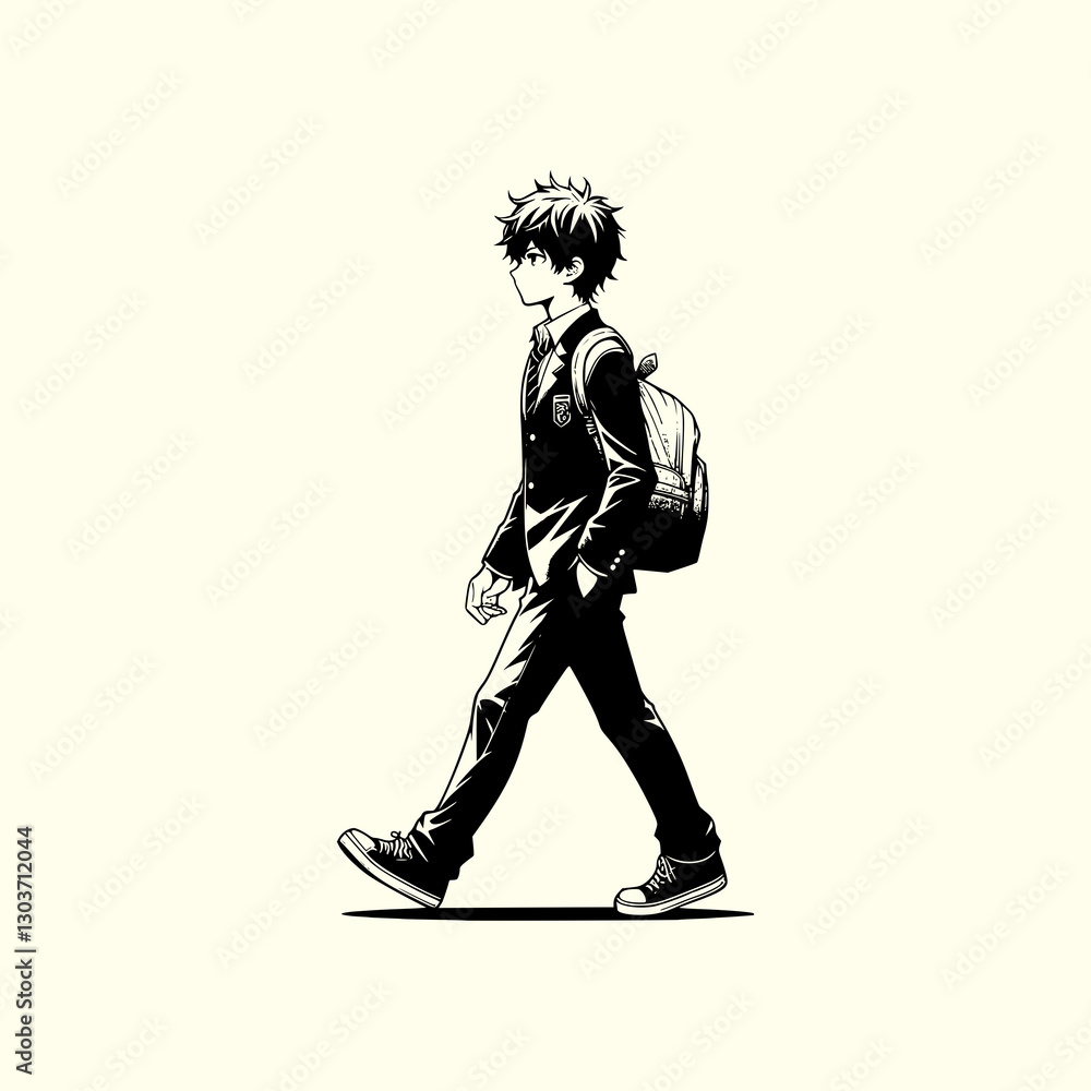 Fototapeta premium Anime Schoolboy Walking with a Backpack Classic Manga Student Character Illustration