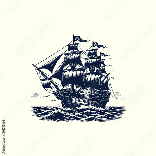 Pirate Ship Sailing Through Rough Seas Classic Vintage Nautical Adventure Illustration