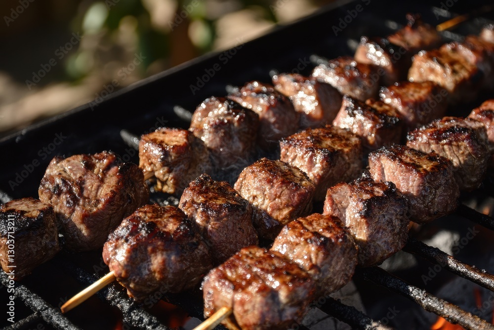 Juicy beef cubes grilling on skewers, charred edges. Perfect for restaurant menus, BBQ articles, and summer recipes. Juicy beef cubes grilling on skewers, charred edges. Perfect for restaurant menus, BBQ articles, and summer recipes.