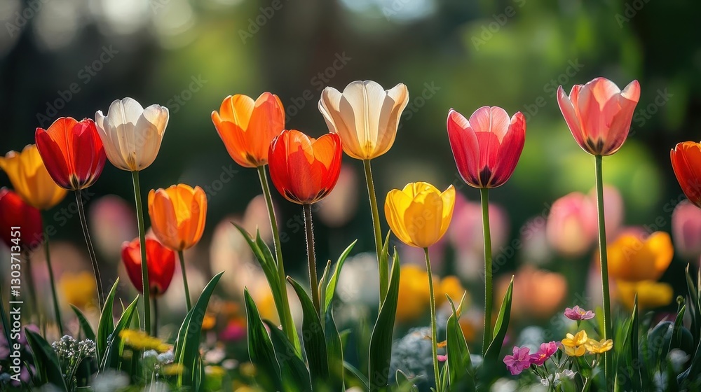 Obraz premium Close-up of colorful flowers blooming in a spring garden