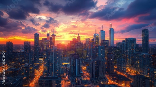 Cityscape at dusk, lights glowing in the buildings, urban skyline
