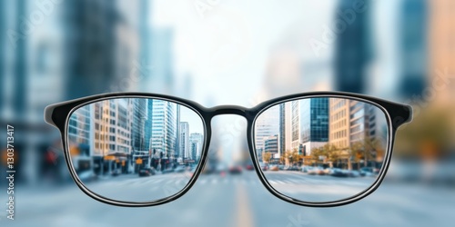 City street viewed through glasses, showing a contrast between blurry vision and clear eyesight with corrective lenses