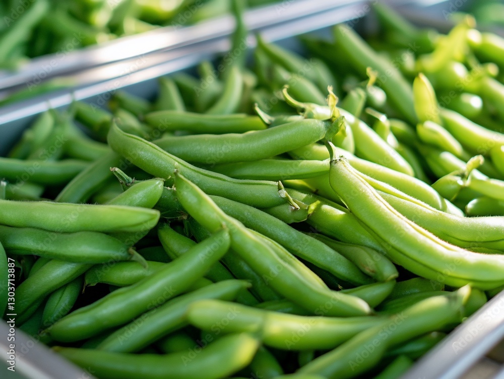 Fresh green beans in metal trays Fresh green beans in metal trays