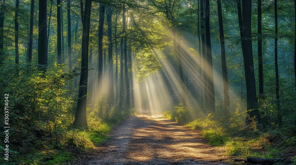 Obraz premium Forest trail with sunlight filtering through tall trees