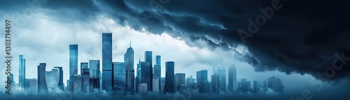 Urban Landscape Under Threat from Acid Rain and Dark Storm Clouds with Chaotic Atmosphere