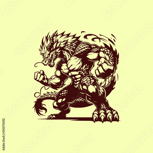 Fierce Muscular Dragon Warrior in Battle Stance Powerful Mythical Beast Ready for Combat