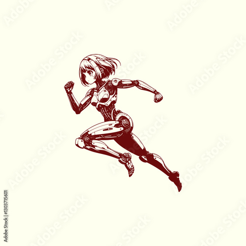 Futuristic Cyberpunk Cyborg Woman Running High-Tech Sci-Fi Athlete in Motion