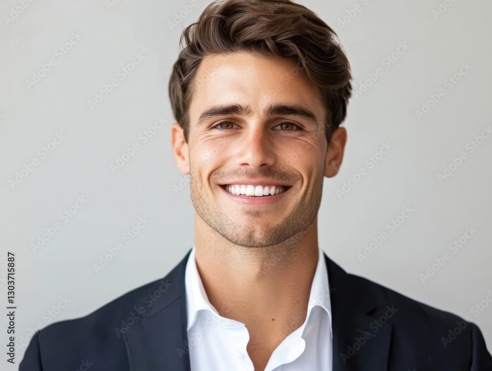 Confident Smiling Businessman in Suit on Gray Background with Bright Smile and Professional Attire Confident Smiling Businessman in Suit on Gray Background with Bright Smile and Professional Attire