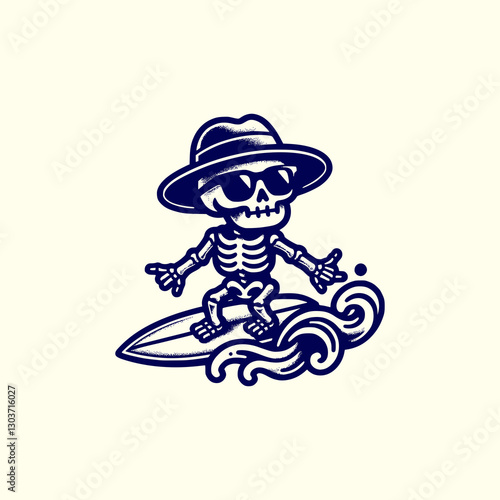 Cool Skeleton Surfer Riding a Wave Fun and Edgy Surfing Illustration