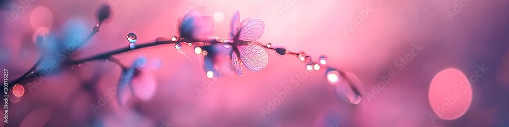 Fototapeta premium Dazzling Pastel Colors Romantic Macro Purple Wildblooms Adorned with Brilliant Rain Dew Drops