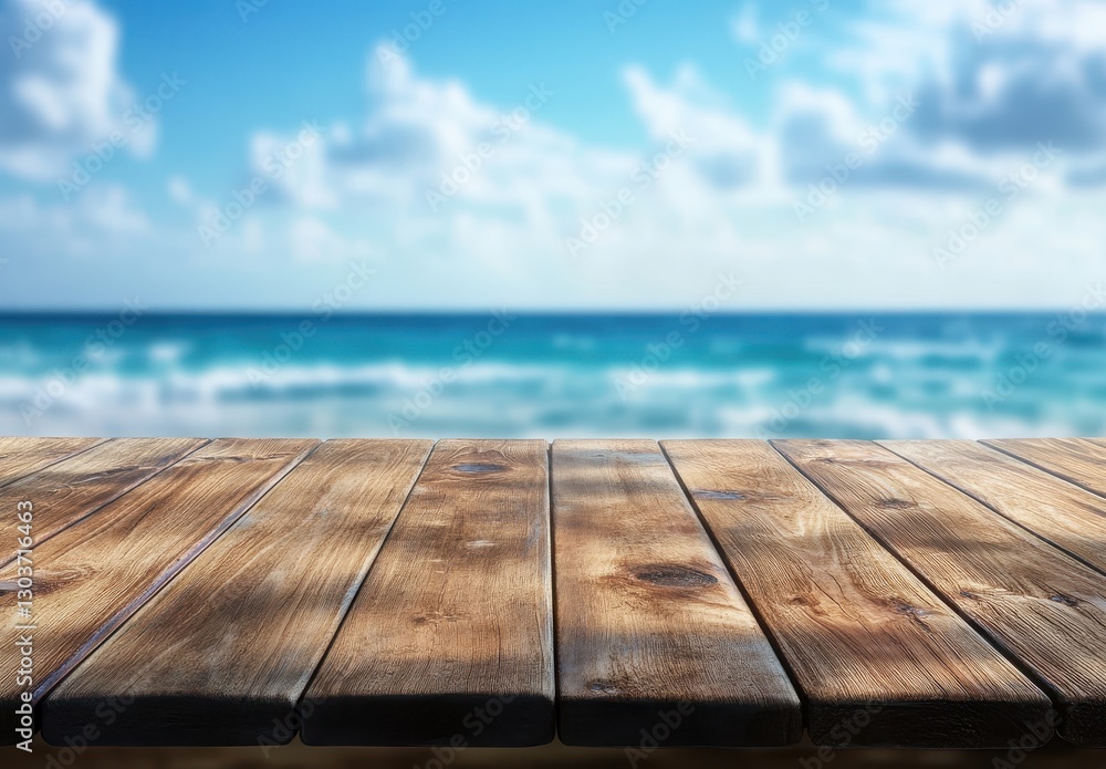 Serene Ocean View with Weathered Wooden Table Top against a Blurred Seascape and Blue Sky, Ideal for Relaxation and Vacation Themes Serene Ocean View with Weathered Wooden Table Top against a Blurred Seascape and Blue Sky, Ideal for Relaxation and Vacation Themes