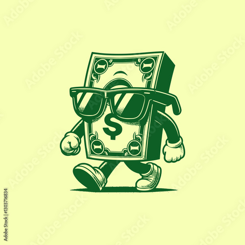 Cool Money Mascot Wearing Sunglasses and Walking with Confidence Fun Cartoon Dollar Bill Character