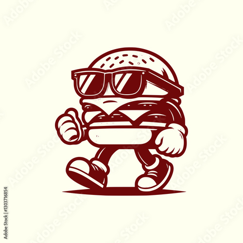 Cool Burger Mascot Wearing Sunglasses and Walking with Confidence Fun Cartoon Fast Food Character