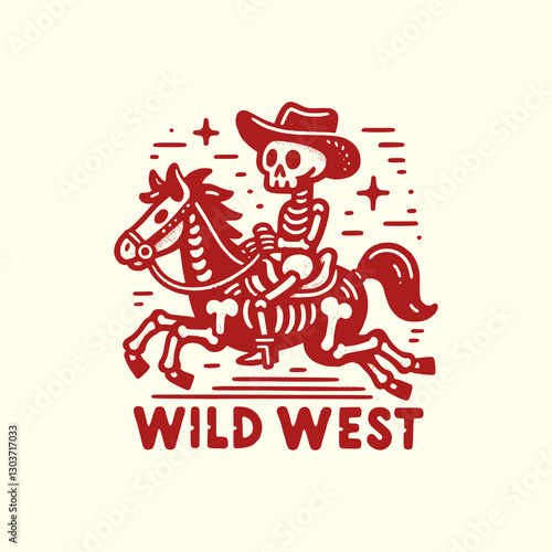 Wild West Skeleton Cowboy Riding a Horse with a Gun Retro Western Skull Outlaw Illustration