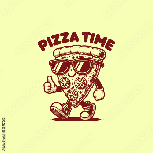 Cool Pizza Slice Mascot Wearing Sunglasses and Walking with Confidence Fun Cartoon Fast Food Character