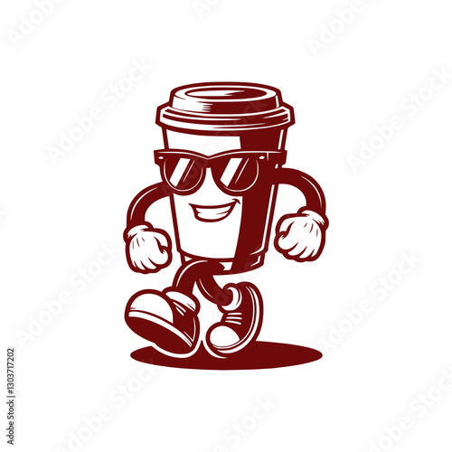 Cool Coffee Cup Mascot Wearing Sunglasses and Walking with Confidence Fun Cartoon Beverage Character